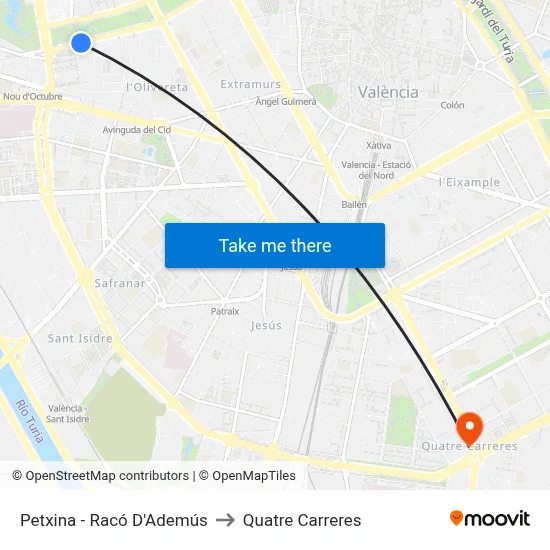 Petxina - Racó D'Ademús to Quatre Carreres map
