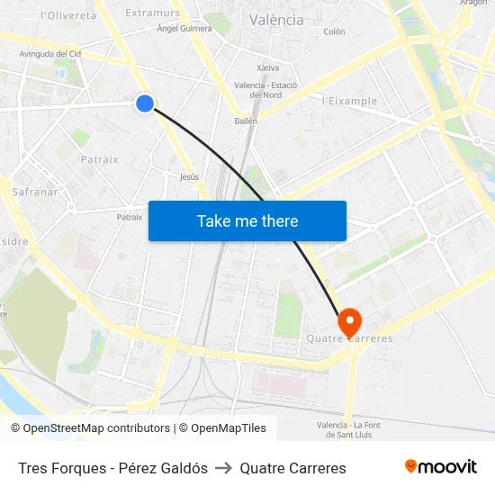 Tres Forques - Pérez Galdós to Quatre Carreres map