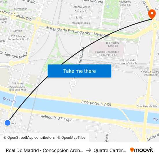 Real De Madrid - Concepción Arenal to Quatre Carreres map
