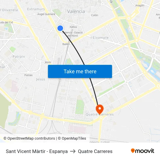 Sant Vicent Màrtir - Espanya to Quatre Carreres map