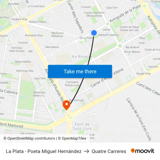 La Plata - Poeta Miguel Hernández to Quatre Carreres map
