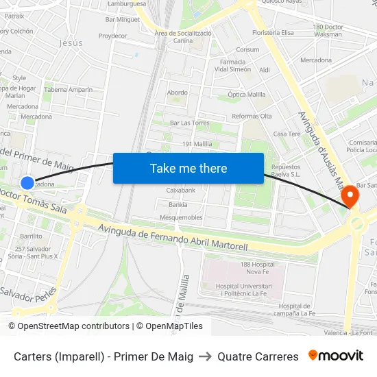 Carters (Imparell) - Primer De Maig to Quatre Carreres map