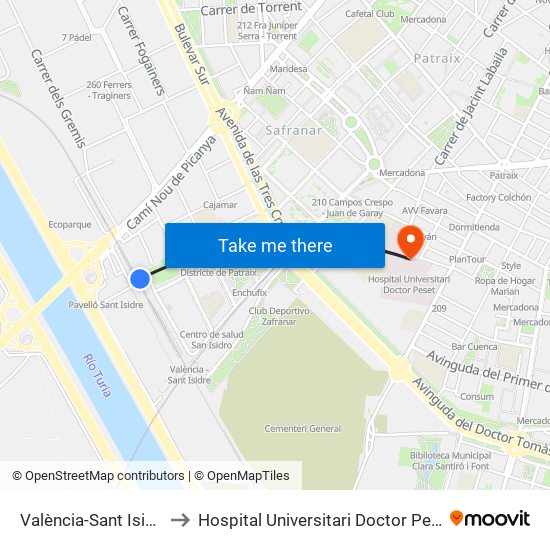 València-Sant Isidre to Hospital Universitari Doctor Peset map