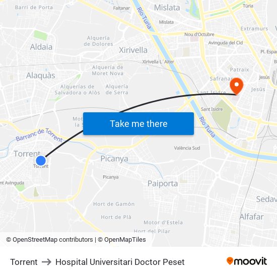 Torrent to Hospital Universitari Doctor Peset map