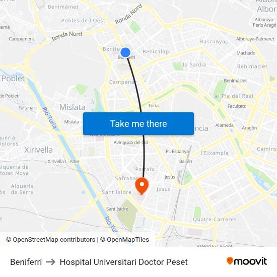 Beniferri to Hospital Universitari Doctor Peset map