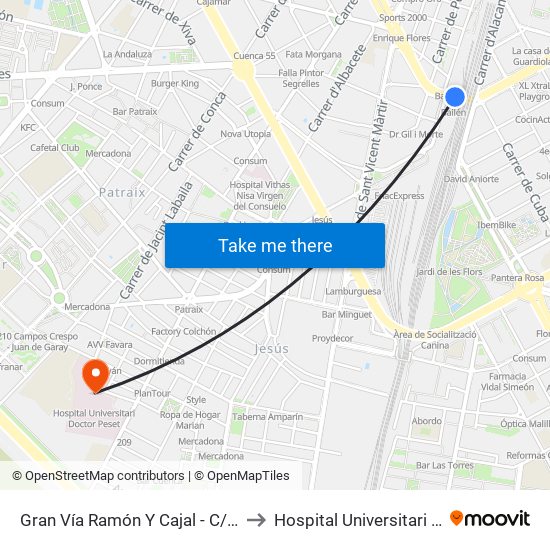 Gran Vía Ramón Y Cajal - C/ Bailén [València] to Hospital Universitari Doctor Peset map