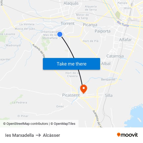 Ies Marxadella to Alcàsser map