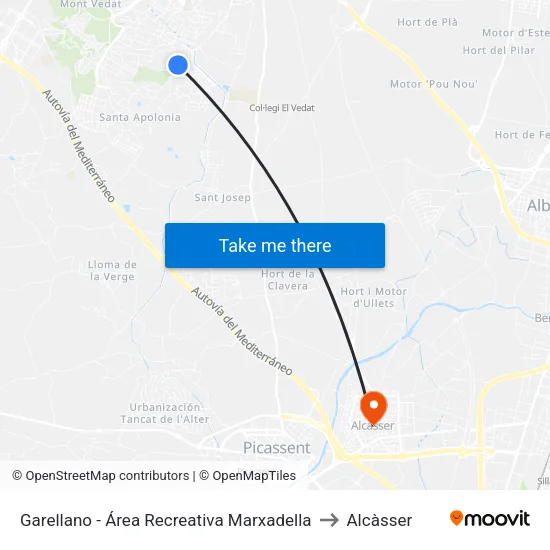 Garellano - Área Recreativa Marxadella to Alcàsser map