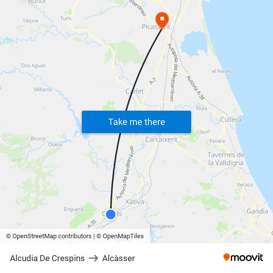 Alcudia De Crespins to Alcàsser map