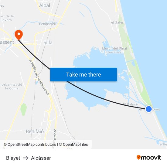 Blayet to Alcàsser map