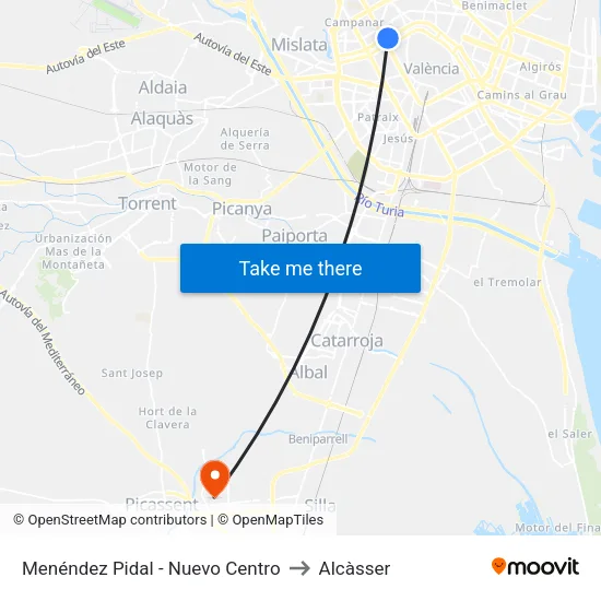 Menéndez Pidal - Nuevo Centro to Alcàsser map