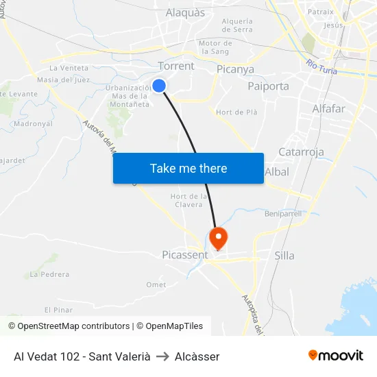 Torrent. Al Vedat 102 (Sant Valerià) to Alcàsser map