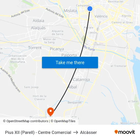 València. Pius XII (Parell) - Centre Comercial to Alcàsser map