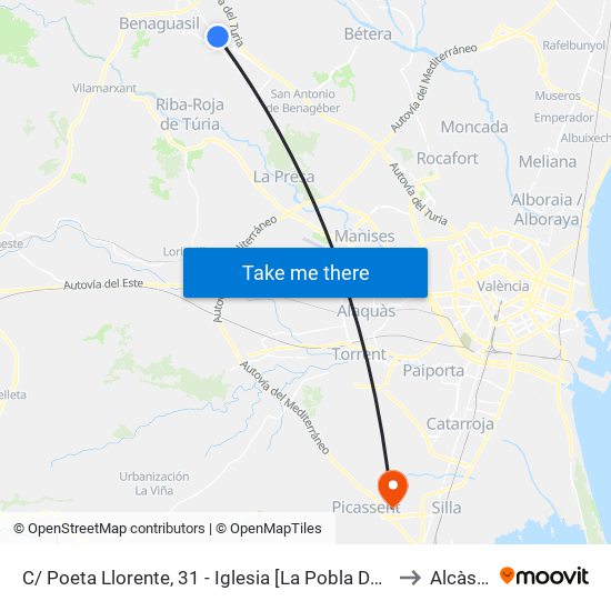 C/ Poeta Llorente, 31 - Iglesia [La Pobla De Vallbona] to Alcàsser map
