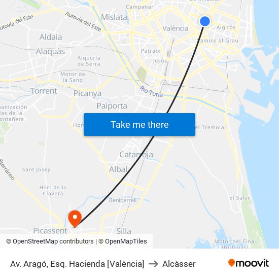Av. Aragó, Esq. Hacienda [València] to Alcàsser map