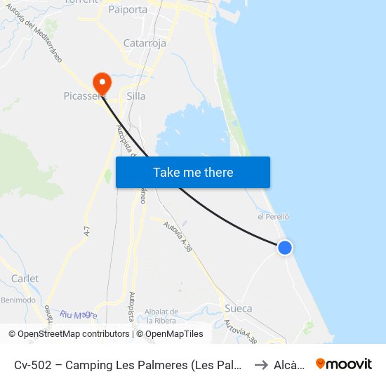 Cv-502 – Camping Les Palmeres (Les Palmeres) [Sueca] to Alcàsser map