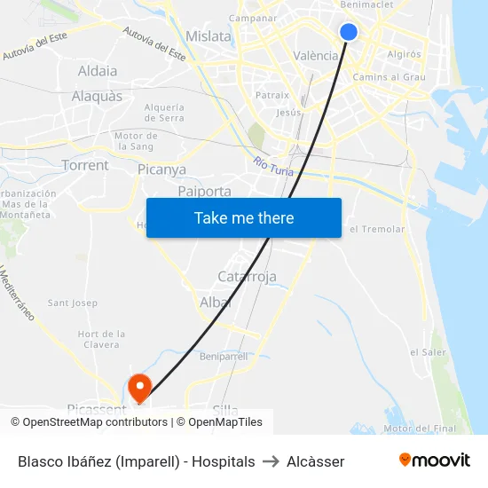 Blasco Ibáñez (Imparell) - Hospitals to Alcàsser map
