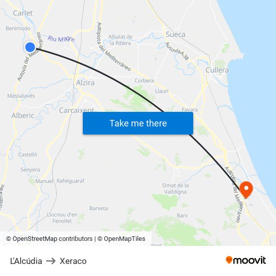 L'Alcúdia to Xeraco map