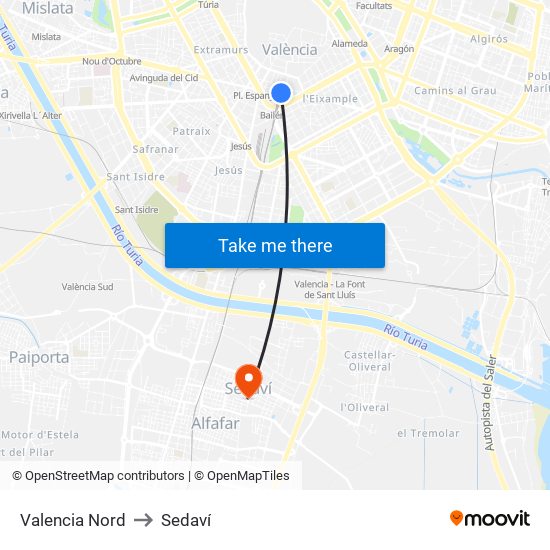 Valencia Nord to Sedaví map