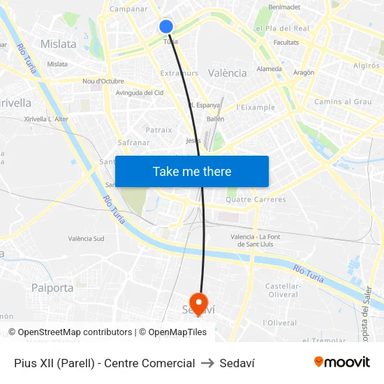 València. Pius XII (Parell) - Centre Comercial to Sedaví map