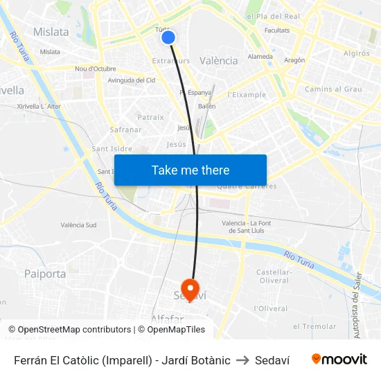 València. Ferran El Catòlic (Imparell) - Jardí Botànic to Sedaví map