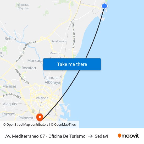 Av. Mediterraneo 67 - Oficina De Turismo to Sedaví map
