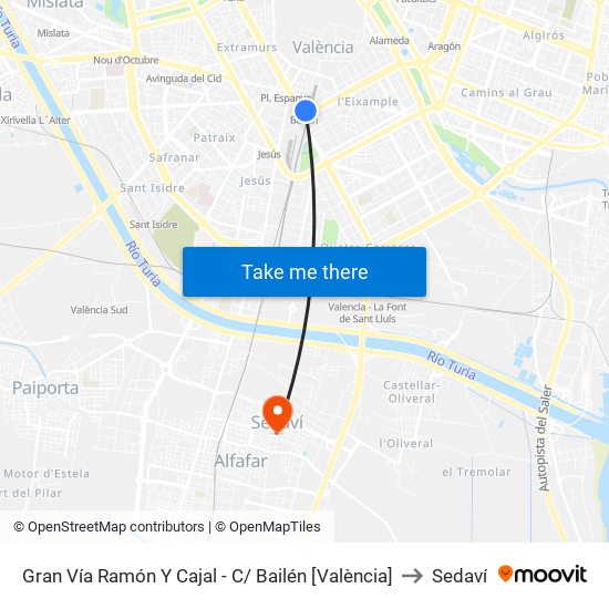 Gran Vía Ramón Y Cajal - C/ Bailén [València] to Sedaví map