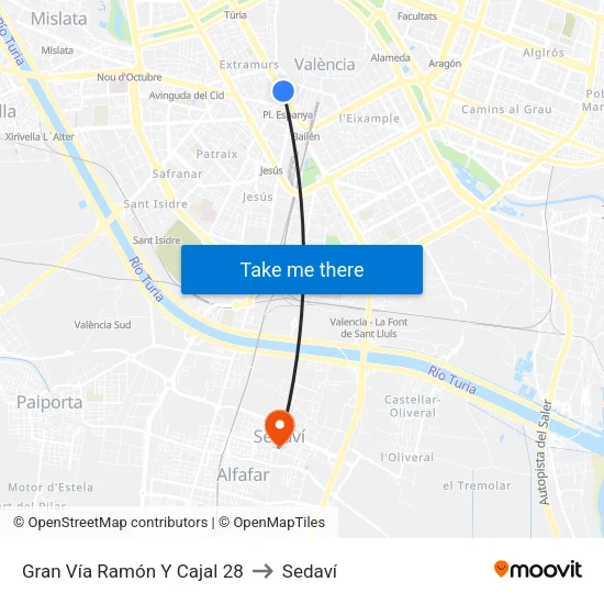 València. Ramón Y Cajal (Parell) - Jesús to Sedaví map