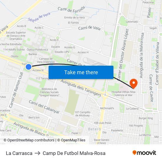 La Carrasca to Camp De Futbol Malva-Rosa map
