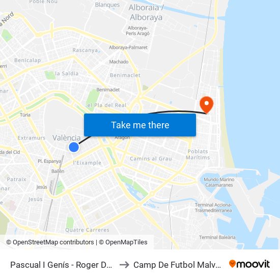 Pascual I Genís - Roger De Llòria to Camp De Futbol Malva-Rosa map