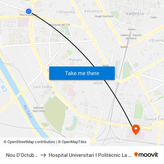 Nou D'Octubre to Hospital Universitari I Politècnic La Fe map