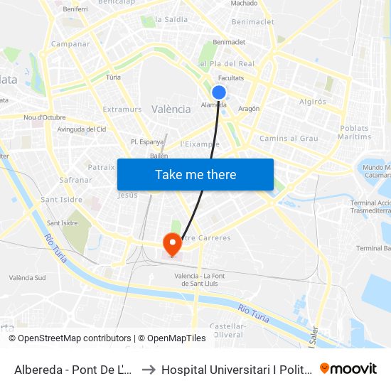 Albereda - Pont De L'Exposició to Hospital Universitari I Politècnic La Fe map