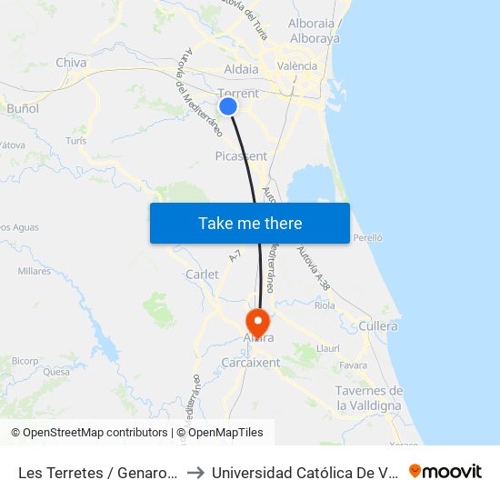 Les Terretes / Genaro Palau to Universidad Católica De Valencia map