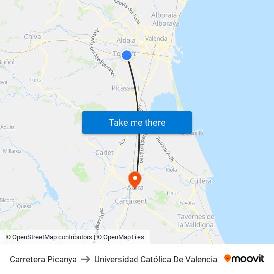 Carretera Picanya to Universidad Católica De Valencia map