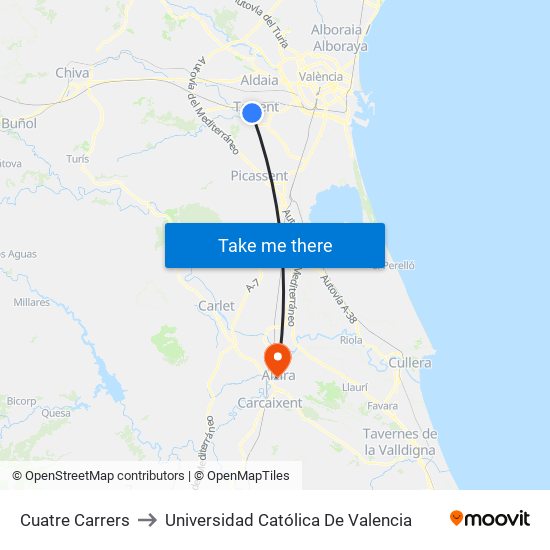 Cuatre Carrers to Universidad Católica De Valencia map