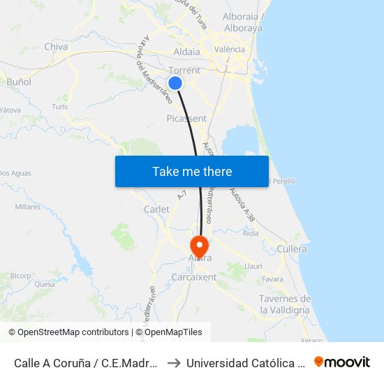 Calle A Coruña / C.E.Madre Sacramento to Universidad Católica De Valencia map