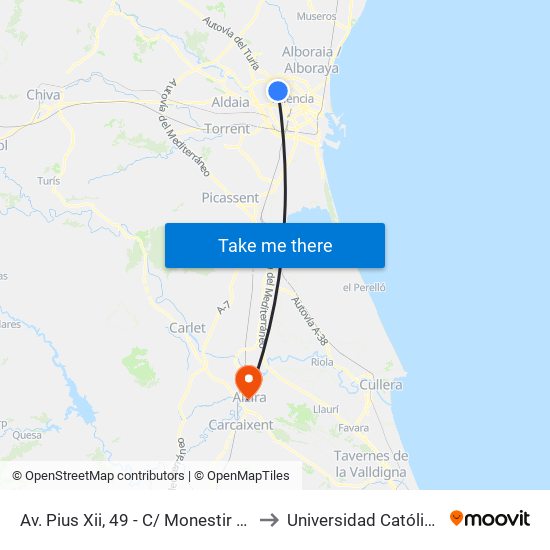 Av. Pius Xii, 49 - C/ Monestir De Poblet [València] to Universidad Católica De Valencia map