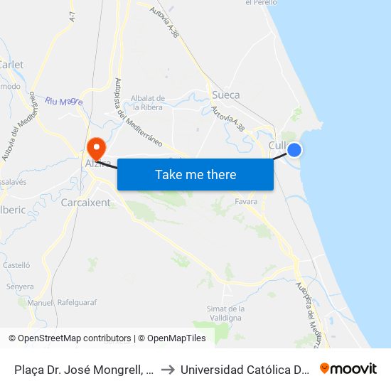Plaça Dr. José Mongrell, 9 [Cullera] to Universidad Católica De Valencia map