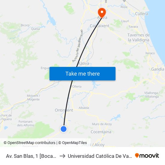 Av. San Blas, 1 [Bocairent] to Universidad Católica De Valencia map
