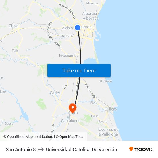 San Antonio 8 to Universidad Católica De Valencia map