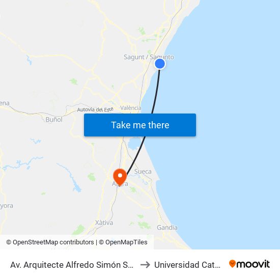Av. Arquitecte Alfredo Simón S/N (Front Esglèsia) [Sagunt] to Universidad Católica De Valencia map