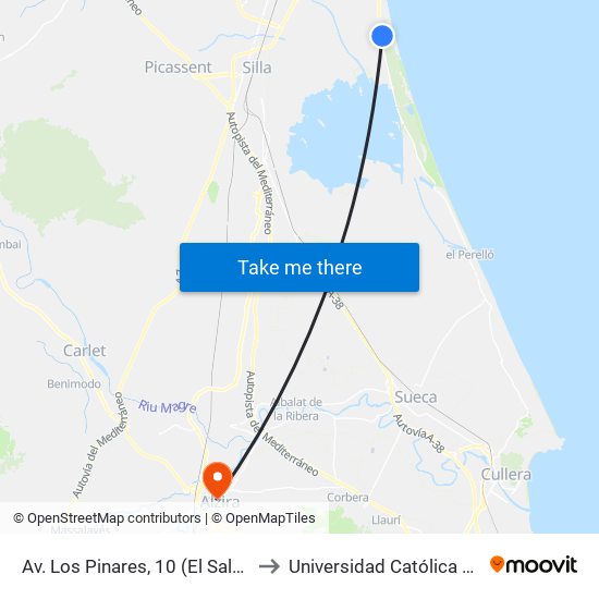Av. Los Pinares, 10 (El Saler) [València] to Universidad Católica De Valencia map