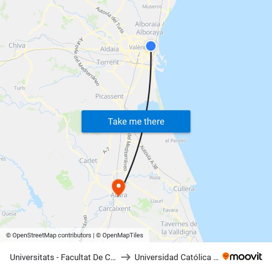 Universitats - Facultat De Ciències Socials to Universidad Católica De Valencia map