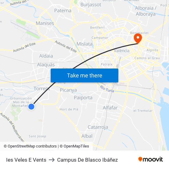 Ies Veles E Vents to Campus De Blasco Ibáñez map