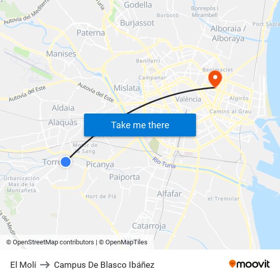 El Molí to Campus De Blasco Ibáñez map