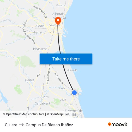 Cullera to Campus De Blasco Ibáñez map