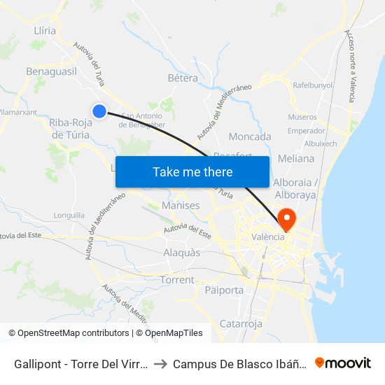 Gallipont - Torre Del Virrei to Campus De Blasco Ibáñez map