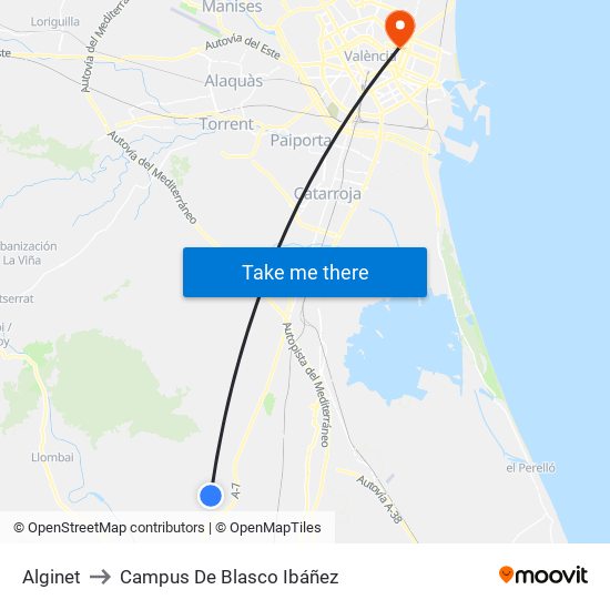 Alginet to Campus De Blasco Ibáñez map