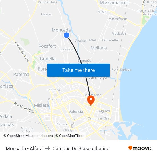 Moncada - Alfara to Campus De Blasco Ibáñez map