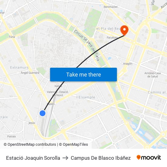 Estació Joaquín Sorolla to Campus De Blasco Ibáñez map